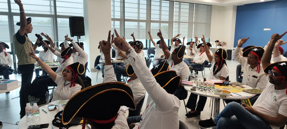 Participants actively engaged in a SimuRise leadership development workshop using business simulation activities